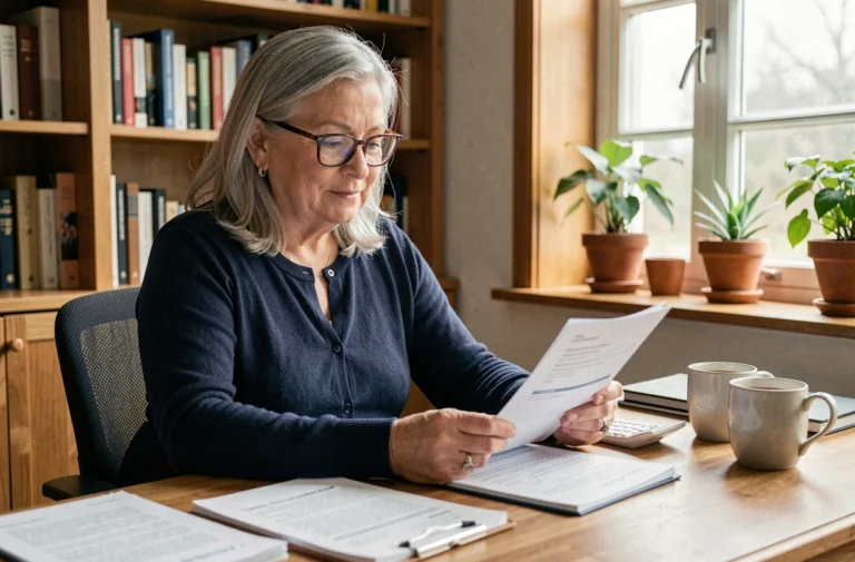 Femme senior concentrée sur la planification de sa retraite avec des documents financiers dans un bureau à domicile chaleureux