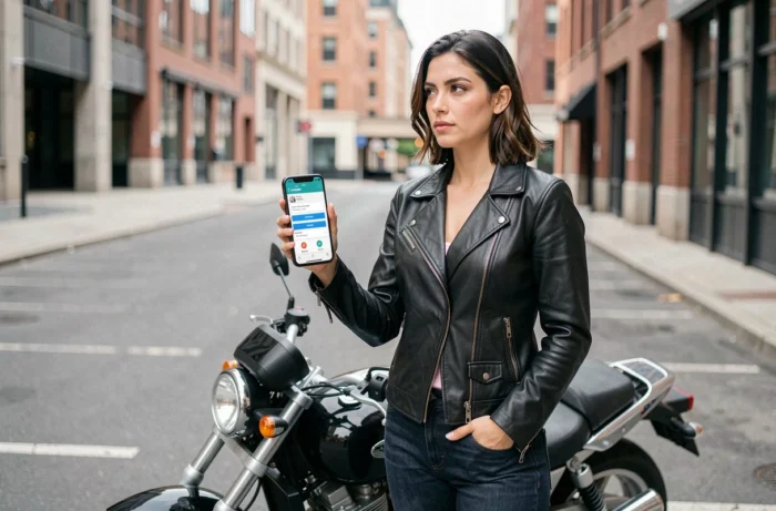 Femme en veste en cuir consultant une application de comparaison d'assurance moto sur smartphone devant sa moto en ville