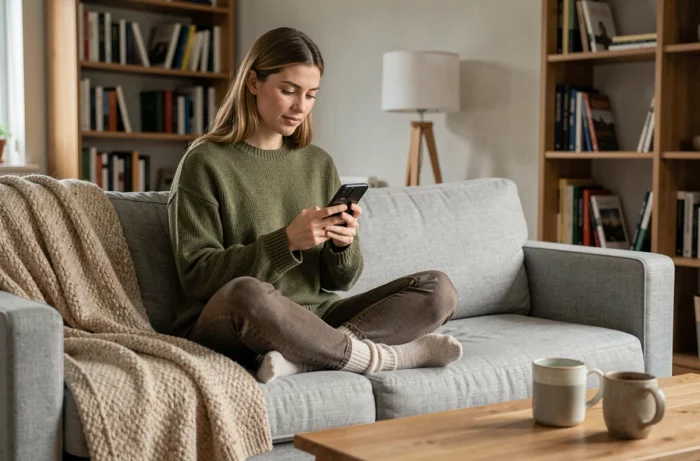 Jeune femme parcourant le plan du site Maison Mania sur son smartphone depuis son canapé