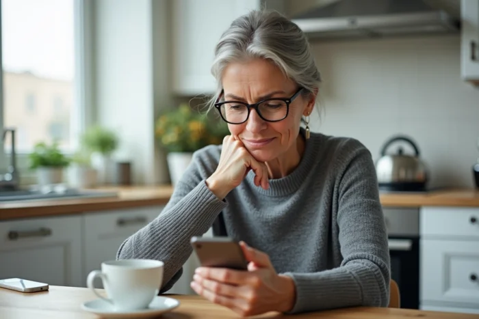 Femme consultant son smartphone pour résoudre un problème de connexion à son espace client immobilier en ligne