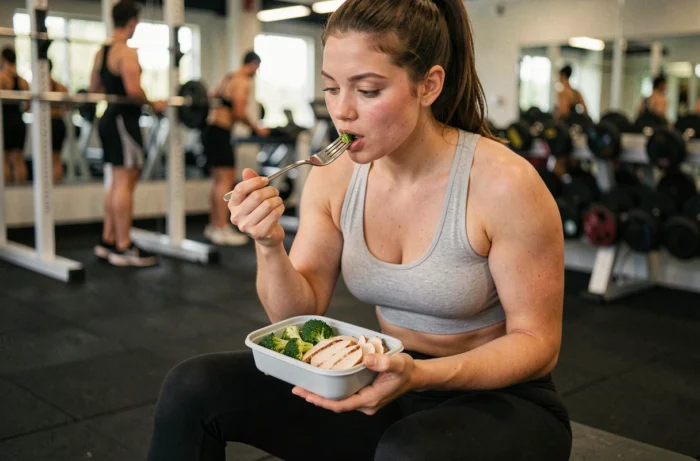 Femme sportive mangeant une box de meal prep poulet et brocoli après l'entraînement dans une salle de musculation