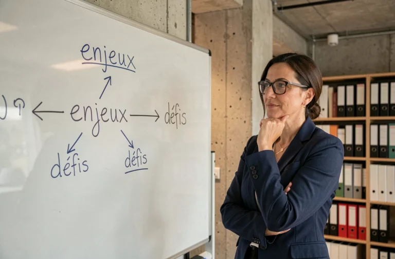 Femme professionnelle devant un tableau blanc illustrant la différence entre enjeux et défis dans un bureau moderne