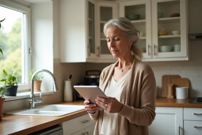 Femme cherchant les coordonnées du service client CDC Habitat sur une tablette dans sa cuisine