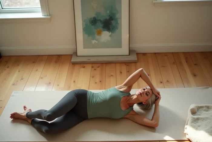 Vue aérienne d'une femme allongée sur un tapis de yoga touchant son tempe gauche dans une pratique spirituelle de restauration et d'intuition