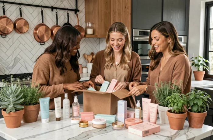 Trois femmes déballant ensemble une commande de produits beauté tendance dans une cuisine moderne au comptoir en marbre