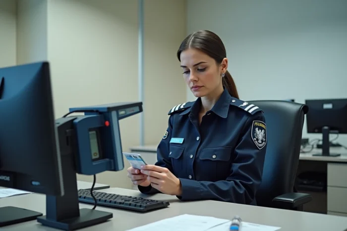 Gendarme féminine vérifiant un permis de conduire sur un dispositif d'authentification dans un bureau administratif