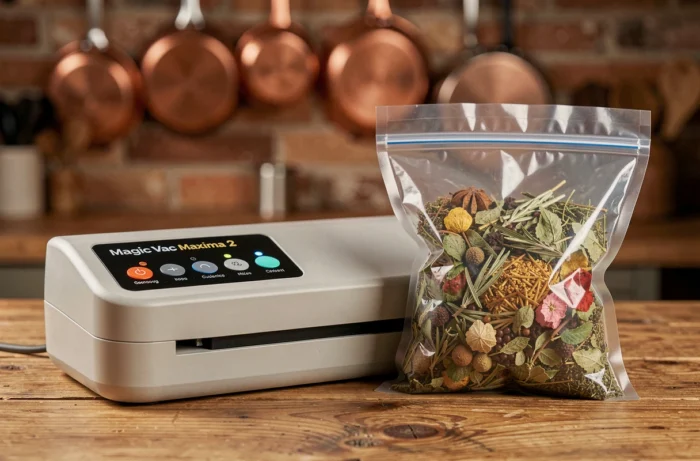 Gros plan de la machine sous vide Magic Vac Maxima 2 avec un sachet d'herbes aromatiques compressé sur une table en bois