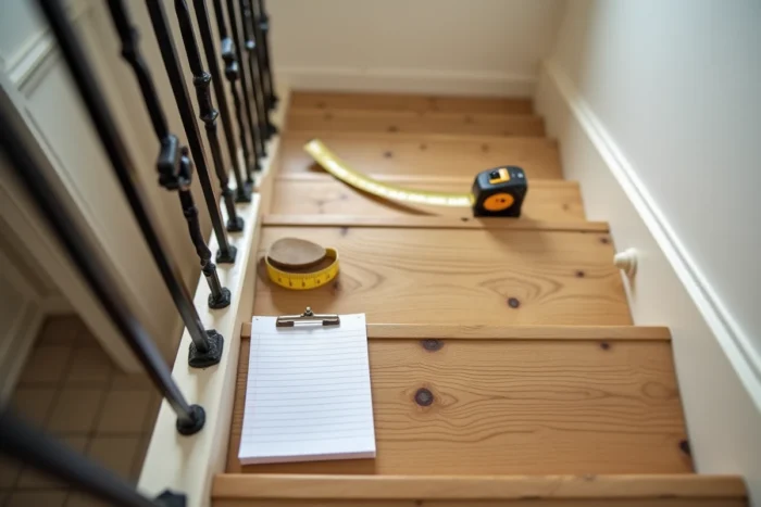 Gros plan d'un mètre ruban posé sur une marche d'escalier en bois avec des notes de mesures manuscrites sur un carnet