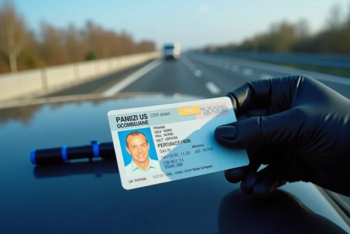 Gros plan sur un permis de conduire français tenu par un policier en gants lors d'un contrôle sur autoroute