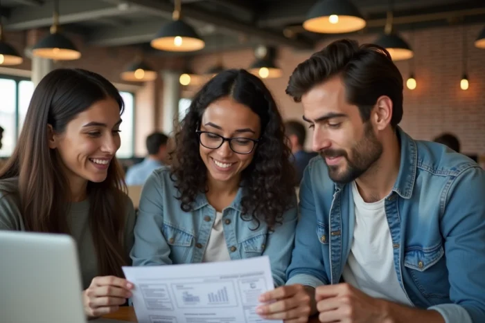 Groupe de jeunes professionnels collaborant autour de ressources en ligne pour le développement de carrière dans un espace de coworking