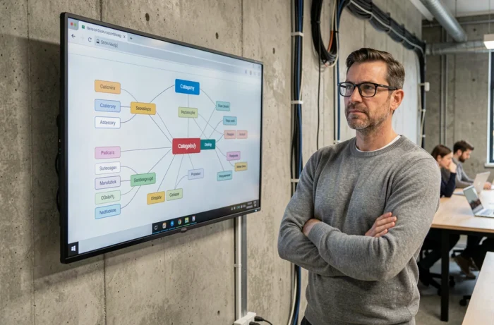 Homme analysant un plan de site hiérarchique affiché sur un grand écran dans un espace de travail collaboratif