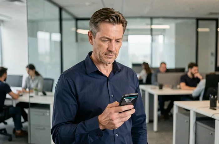Homme en entreprise utilisant l'authentification à deux facteurs sur son smartphone pour sécuriser ses données personnelles en 2026