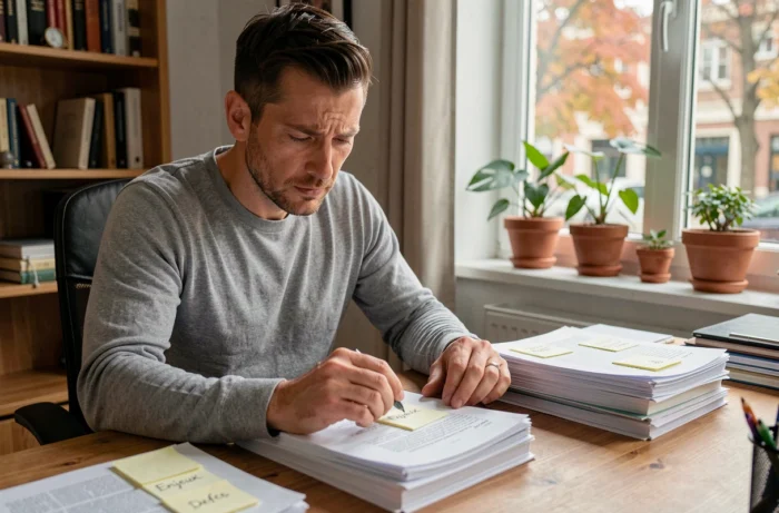 Homme analysant des documents sur les enjeux et défis à son bureau dans un espace de travail à domicile