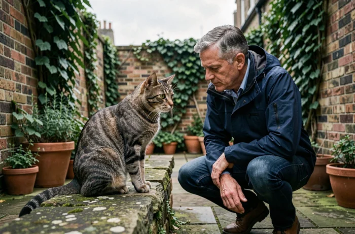 Homme et chat tigré dans une cour de jardin urbain en pierre, conseils et soins pour les chats en extérieur
