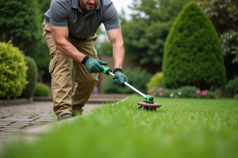 Homme utilisant le coupe-bordure électrique Greenworks 1200W le long d'une allée de jardin