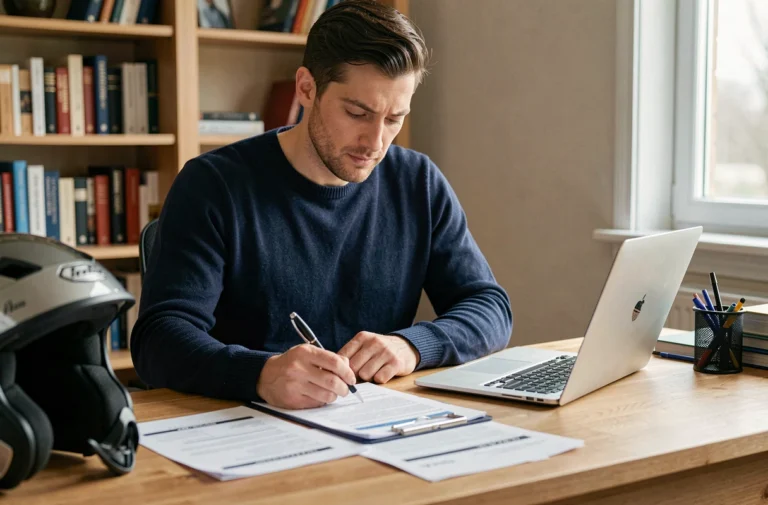 Homme examinant des documents d'assurance moto à son bureau avec un stylo et un casque de moto posé à proximité