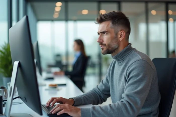 Homme envoyant un mail au service client CDC Habitat depuis un bureau professionnel