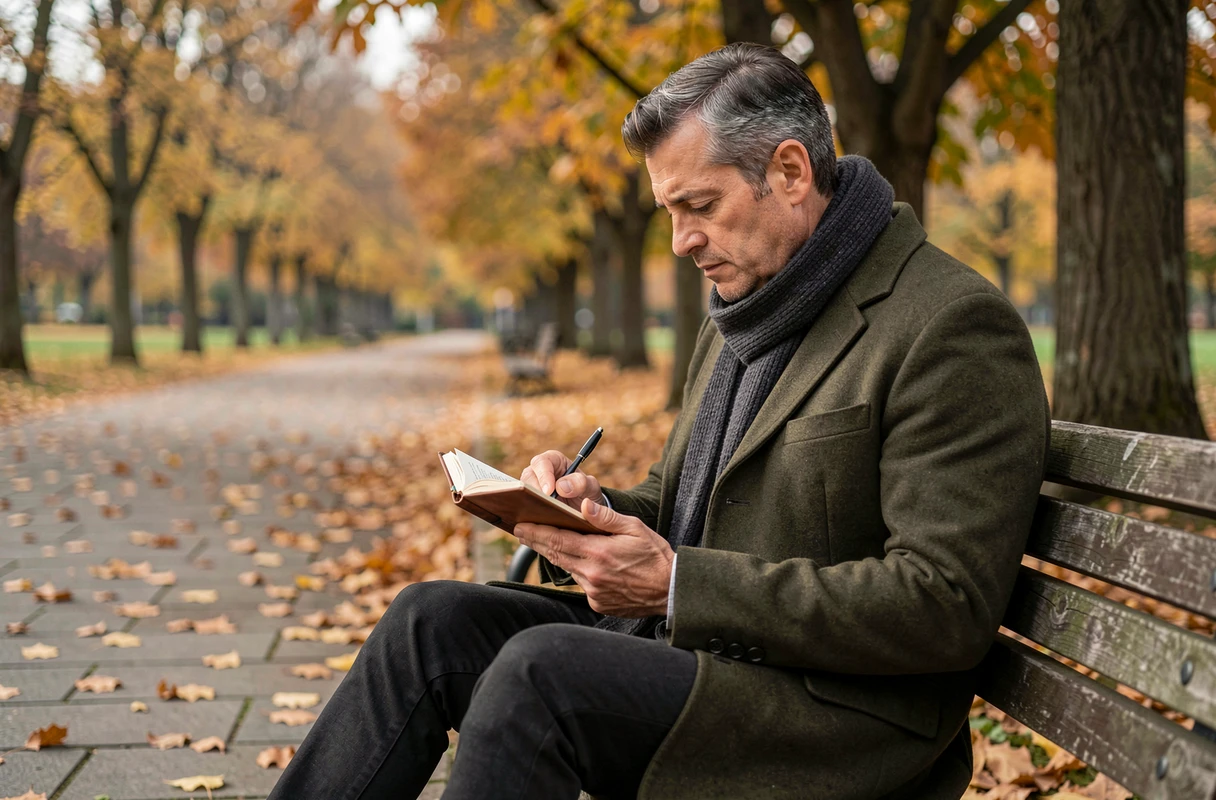 Homme écrivant dans un journal intime en plein air en automne, processus de guérison émotionnelle par l'écriture thérapeutique