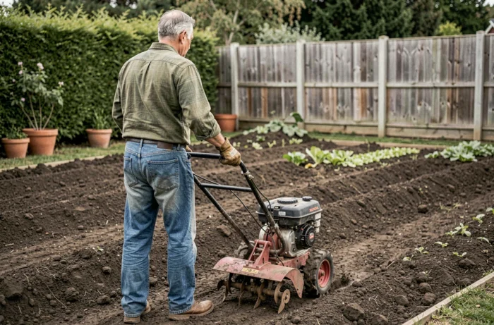 Homme utilisant une motobineuse Honda FG320 pour retourner la terre dans un jardin potager résidentiel