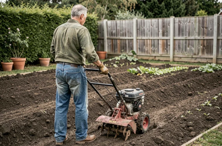Homme utilisant une motobineuse Honda FG320 pour retourner la terre dans un jardin potager résidentiel