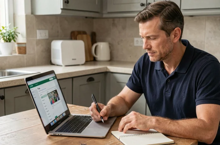 Homme utilisant l'interface Free sur son ordinateur portable pour récupérer le mot de passe WiFi de sa Freebox Ultra