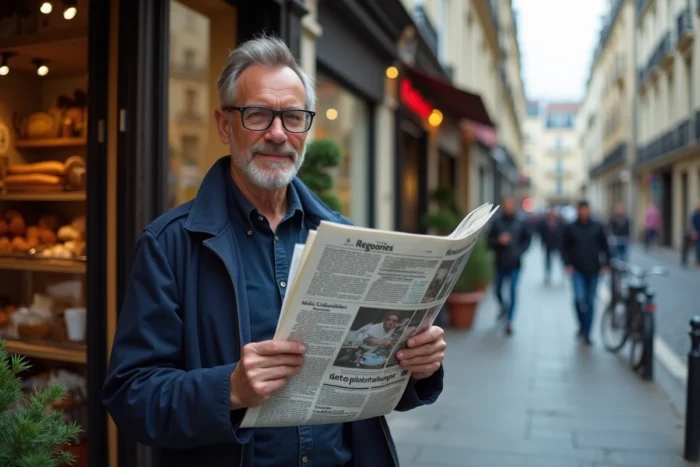 Homme lisant les petites annonces dans un journal régional français dans une rue parisienne