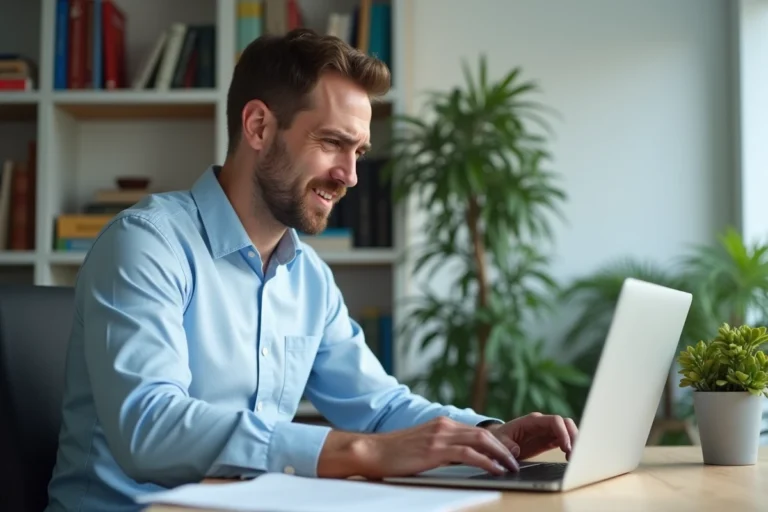 Homme frustré devant son ordinateur portable essayant de se connecter à l'espace client MyFoncia