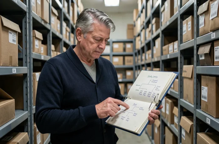 Homme d'âge mûr consultant un registre généalogique manuscrit dans les allées d'une salle d'archives, cherchant des informations sur des origines familiales mystérieuses