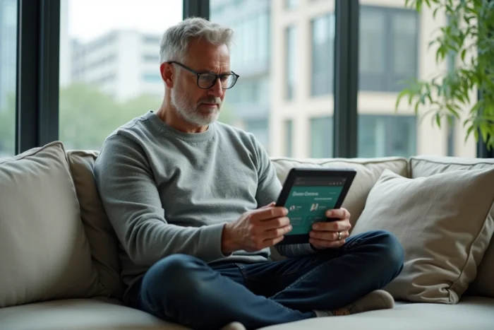 Homme d'affaires consultant des ressources professionnelles en ligne sur une tablette depuis son salon