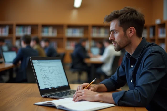 Homme révisant des exercices de raisonnement logique sur ordinateur portable dans une bibliothèque universitaire