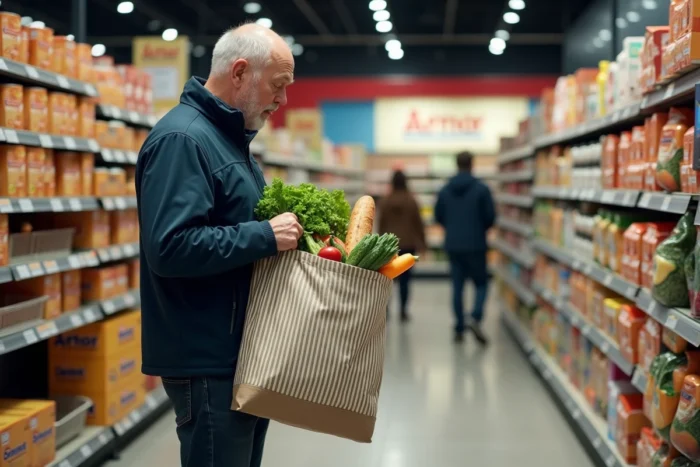 Homme utilisant un sac Armor Lux rempli de courses dans un rayon de supermarché Intermarché