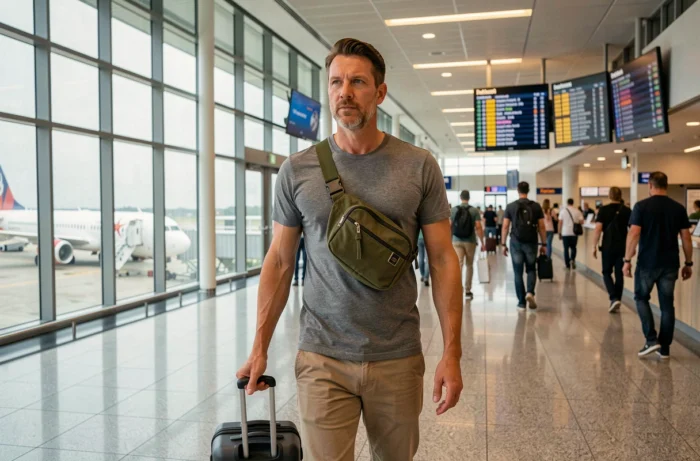 Homme portant un sac banane en bandoulière dans un terminal d'aéroport avec valise cabine