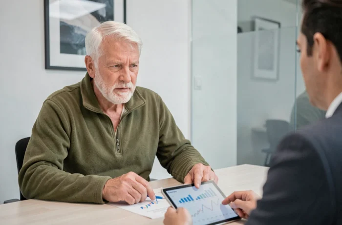 Homme senior en réunion avec un conseiller financier pour préparer sa retraite dans un bureau professionnel moderne