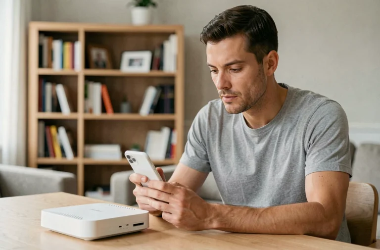 Homme consultant son smartphone devant une Freebox Ultra pour retrouver le mot de passe WiFi