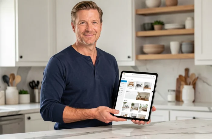 Homme consultant le plan de navigation du site Maison Mania sur une tablette dans une cuisine moderne