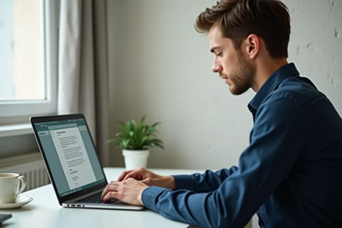 Jeune homme téléchargeant un modèle de contrat CDI gratuit sur son ordinateur portable à domicile