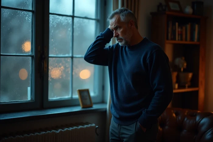 Homme pensif tenant son tempe gauche devant une fenêtre pluvieuse illustrant l'introspection liée à la douleur spirituelle côté gauche