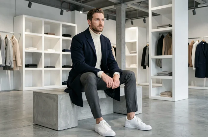 Homme stylé en manteau marine et pull col roulé crème assis dans un concept store contemporain, tendances mode masculine