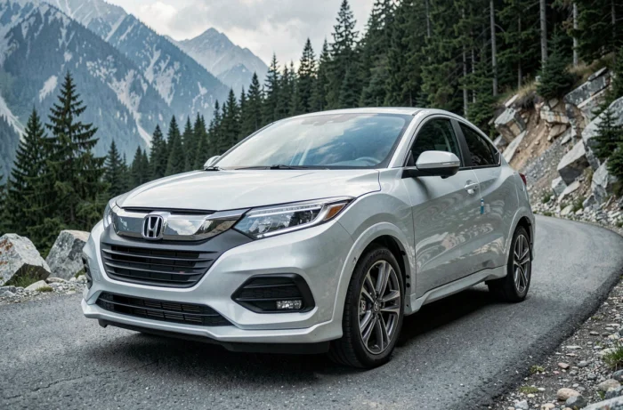 Honda ZR-V e:HEV blanc platine photographié en contre-plongée sur une route de montagne sinueuse, soulignant son tempérament sportif