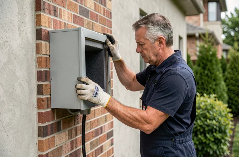 Technicien installant un caisson anti bruit autour d'une climatisation extérieure sur un mur en brique