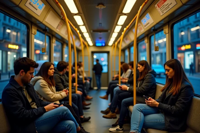 Intérieur d'un tram de nuit à Bordeaux avec passagers et affichage des arrêts en français