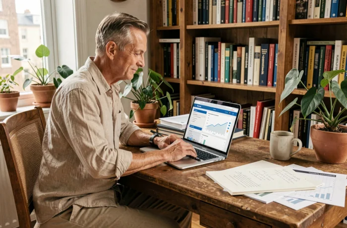 Particulier faisant des recherches sur des actions boursières depuis son bureau à domicile avec rapports financiers imprimés
