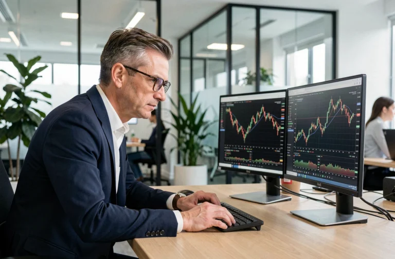 Investisseur professionnel analysant des graphiques boursiers sur double écran dans un bureau moderne en 2024