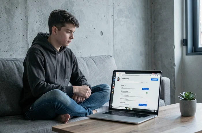 Jeune adulte vérifiant les paramètres de confidentialité de son navigateur sur un ordinateur portable pour gérer ses données personnelles et bloquer les trackers