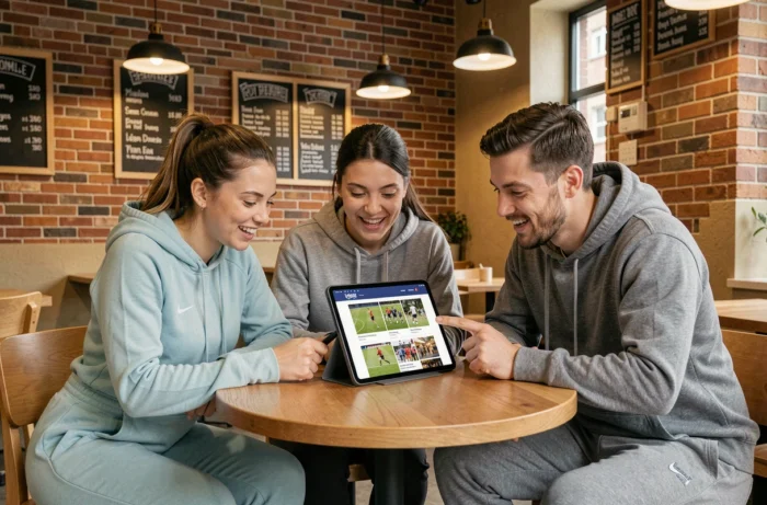 Groupe de jeunes adultes consultant le site d'actualités sportives sur une tablette dans un café urbain