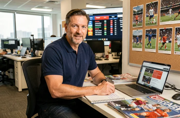 Journaliste sportif masculin travaillant dans une salle de rédaction moderne entourée d'écrans et de magazines sportifs