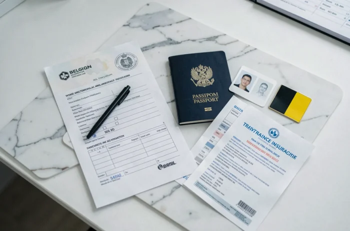 Documents requis pour une demande de visa Belgique disposés en vue à plat sur un bureau