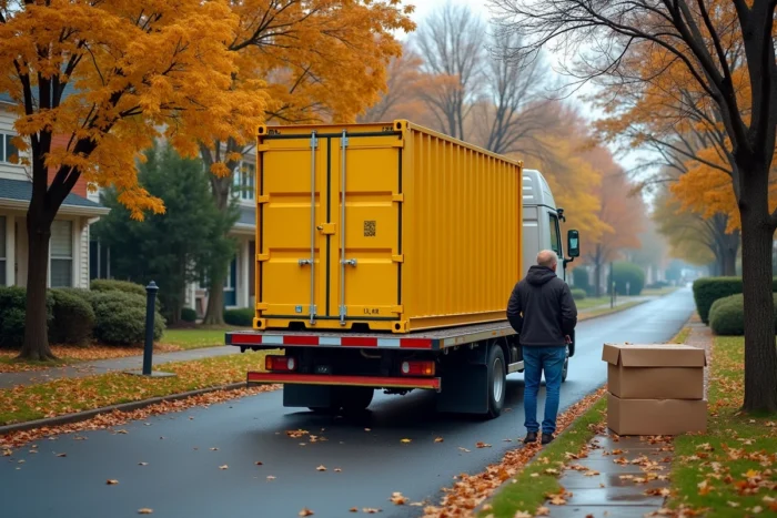 Livraison d'un container 3m3 par camion dans une rue résidentielle avec un propriétaire supervisant le dépôt