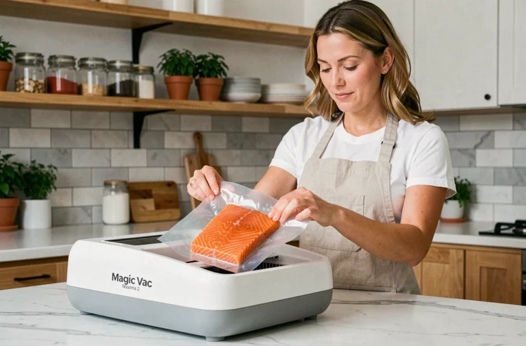 Femme utilisant la machine sous vide Magic Vac Maxima 2 pour conserver du saumon frais dans sa cuisine