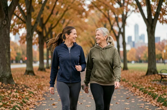 Deux femmes marchant ensemble dans un parc en automne pour prendre soin de leur santé et de leur bien-être